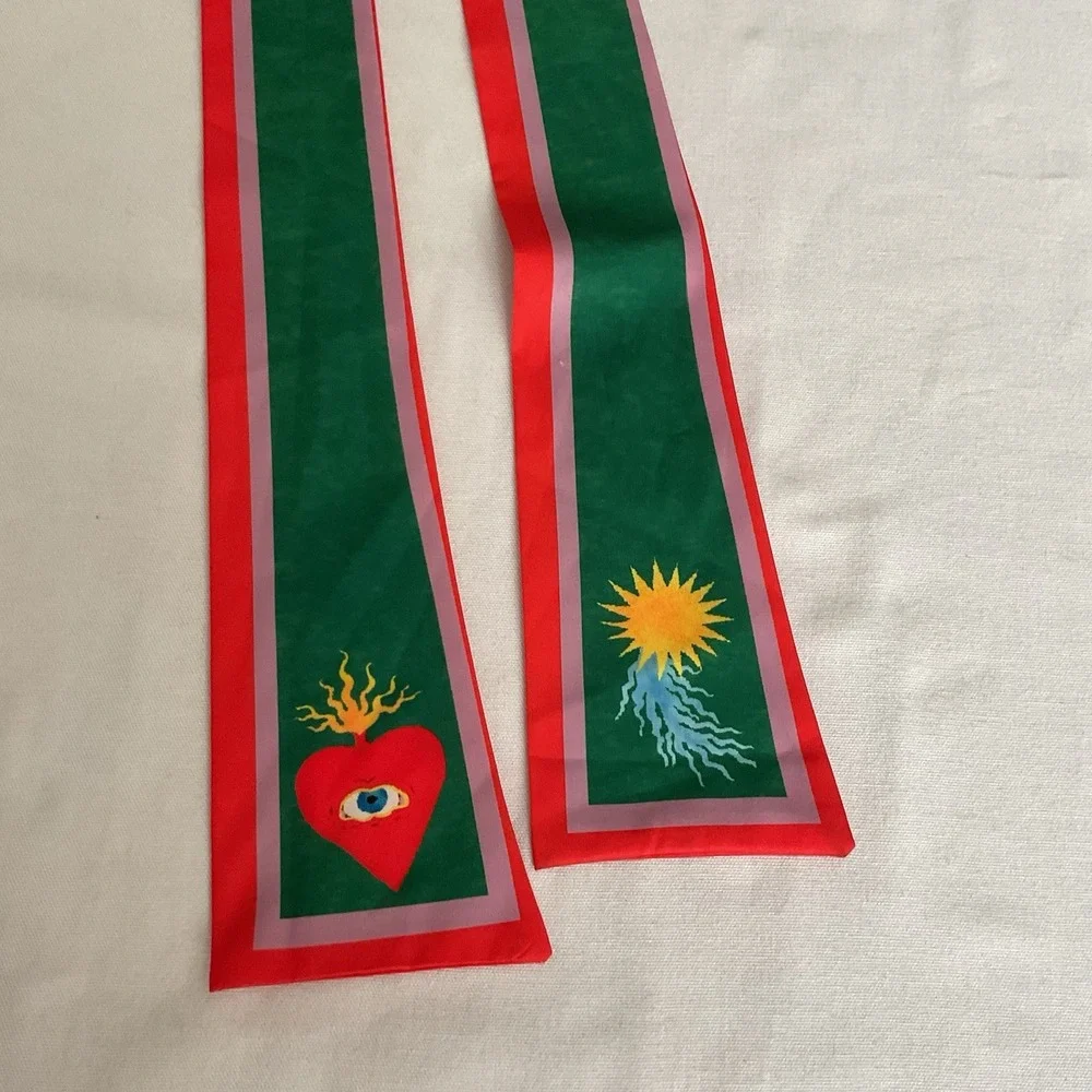 Vintage Scarf Red Green Heart Eye Sun Art Print Pink Border Boho Statement
